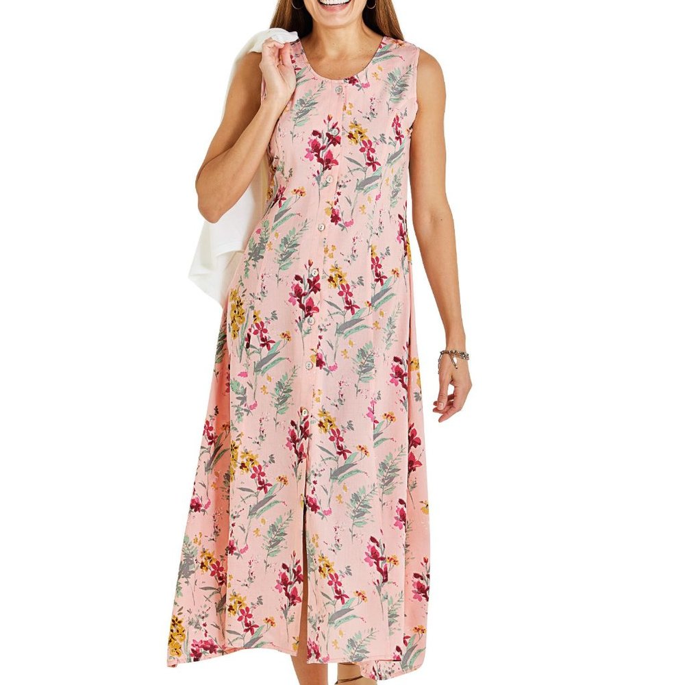 NEW Pink Floral Sz Large Church Office Sleeveless Button Up Flowy Midi Dress